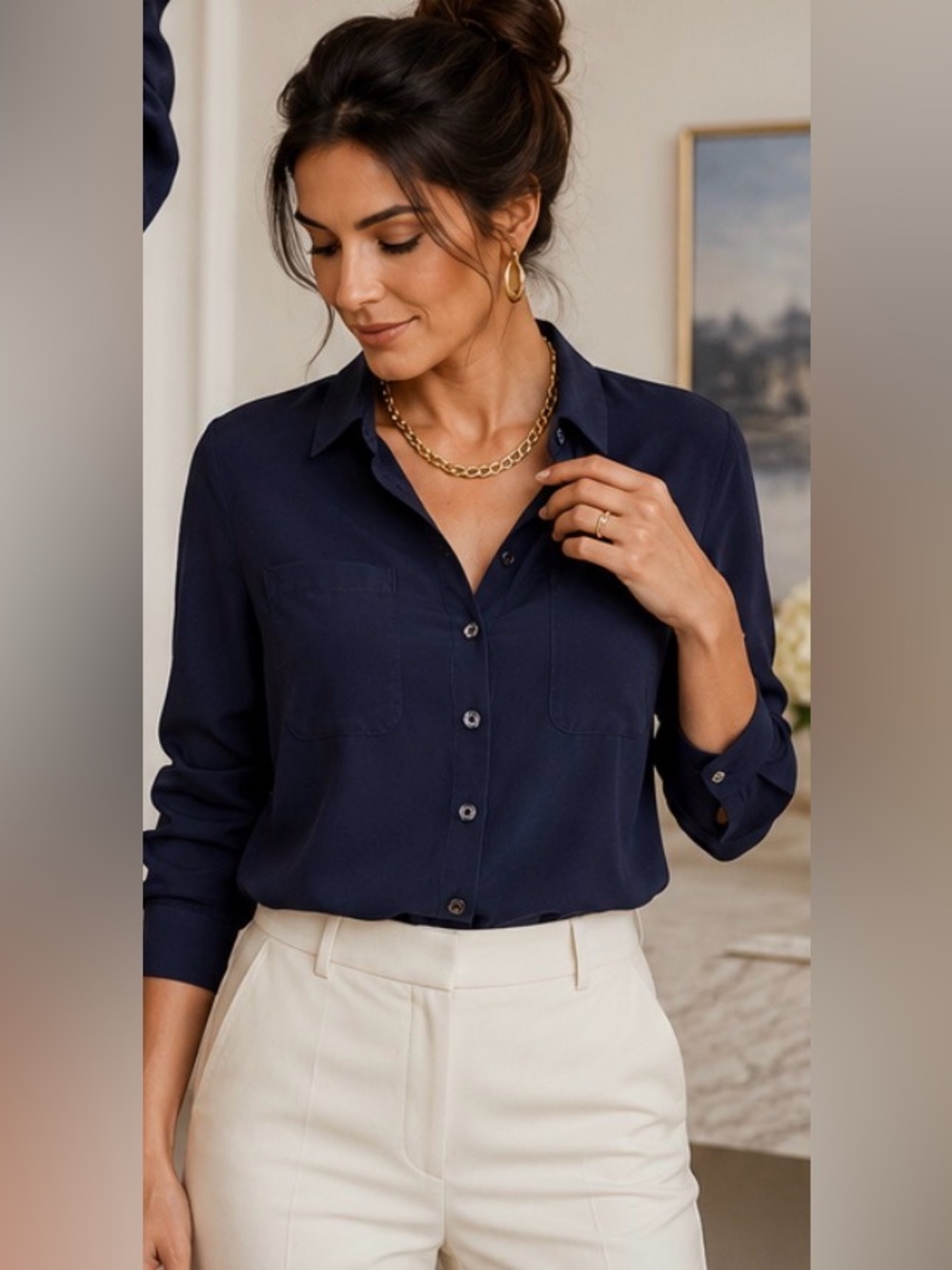 Kate Spade New York 100% Silk Navy Button Up Blouse Size 2 Long Sleeve Dual Pock